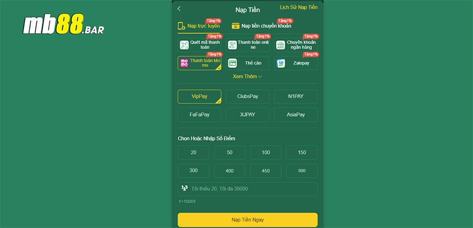 cách Nạp tiền Mb88 qua ví điện tử